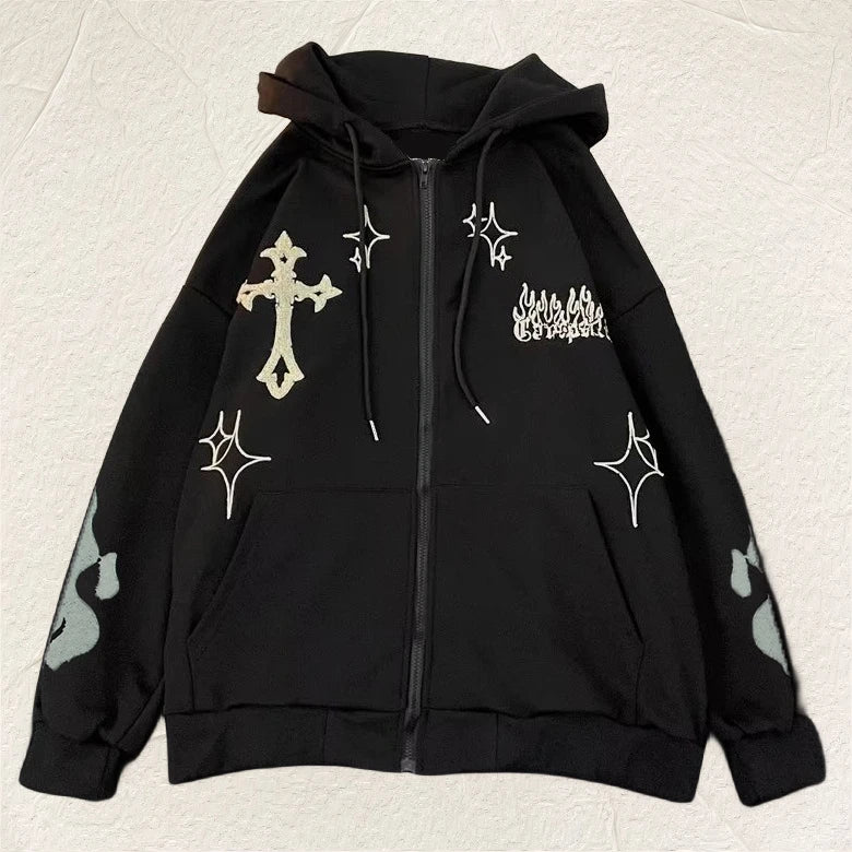2023 European and American Autumn/Winter Hoodie Embroidered Cross