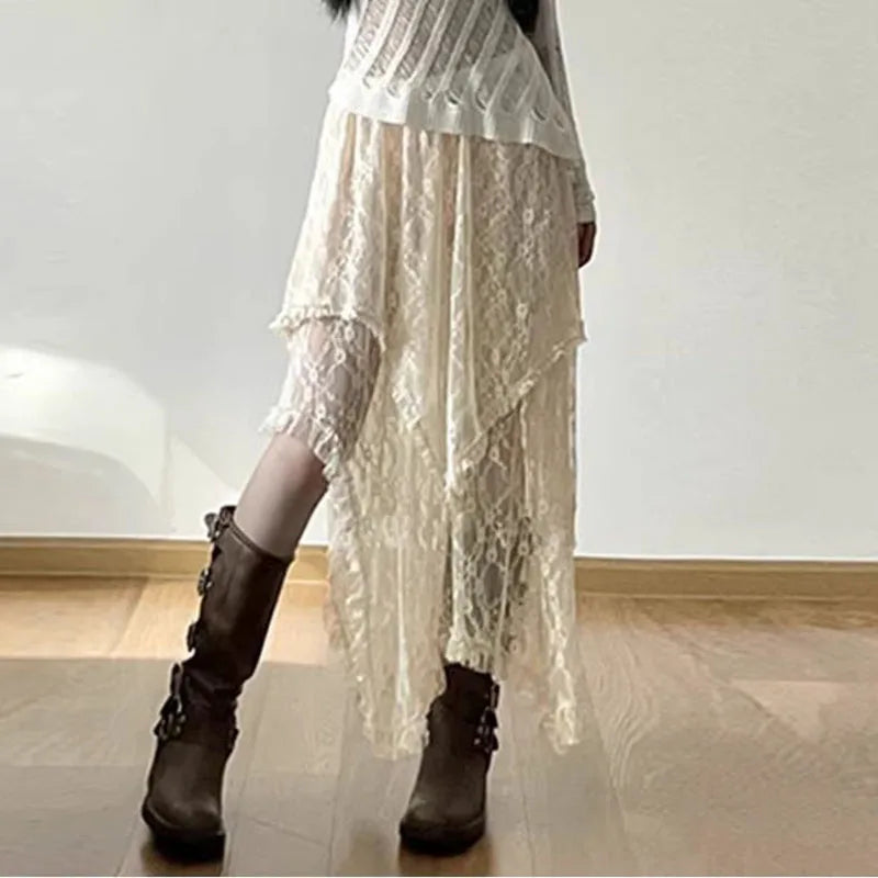 Lace Asymmetrical Skirt Women Vintage Y2K Boho Aesthetic Fashion High