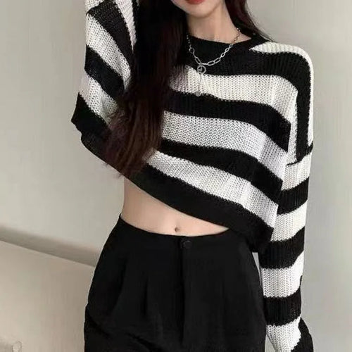New Korean Style Striped Cropped Sweater Women Vintage Oversize Knit