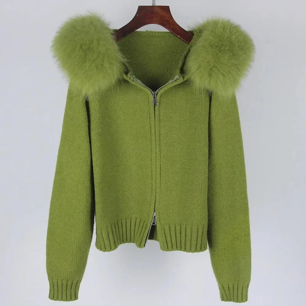 2024 Fashion Autumn Winter Casual Hooded Real Fox Fur Collar Fashion