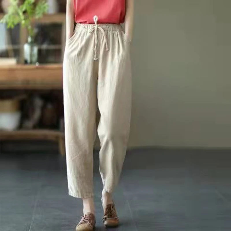 Solid Color Cotton and Linen Pants for Woman Vintage Loose Streetwear