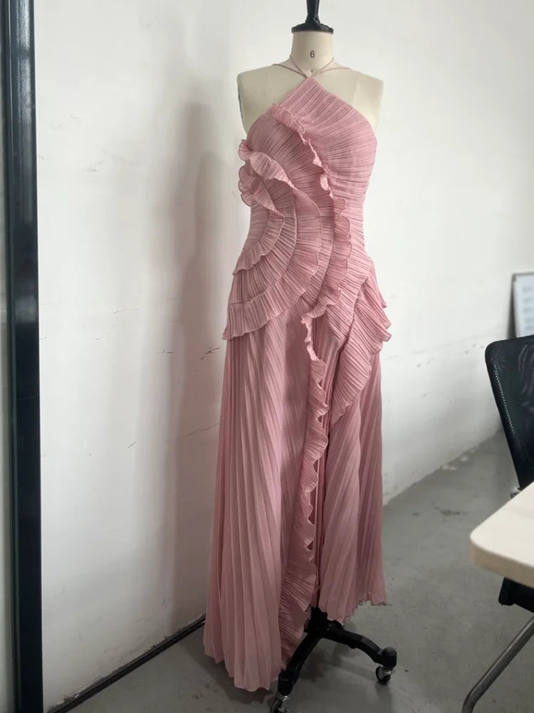 Chic Irregular Chiffon Halter Neck Maxi Dress Lotus Edge High Quality