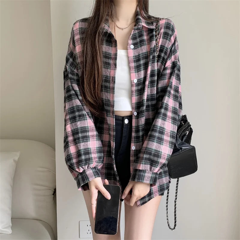 Women Tartan Shirt Long Sleeve Collared Button Up Oversized Plaid