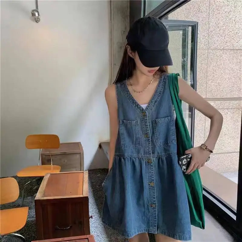 Sleeveless Strap Dress Women Summer Single-Breasted Pockets Denim