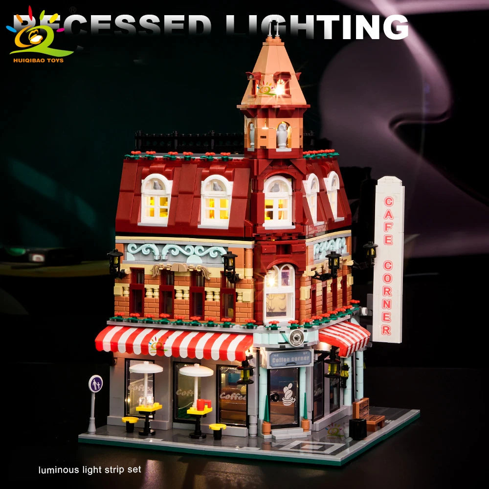 HUIQIBAO Toys MOC City Corner Coffee Shop Architecture Style Street