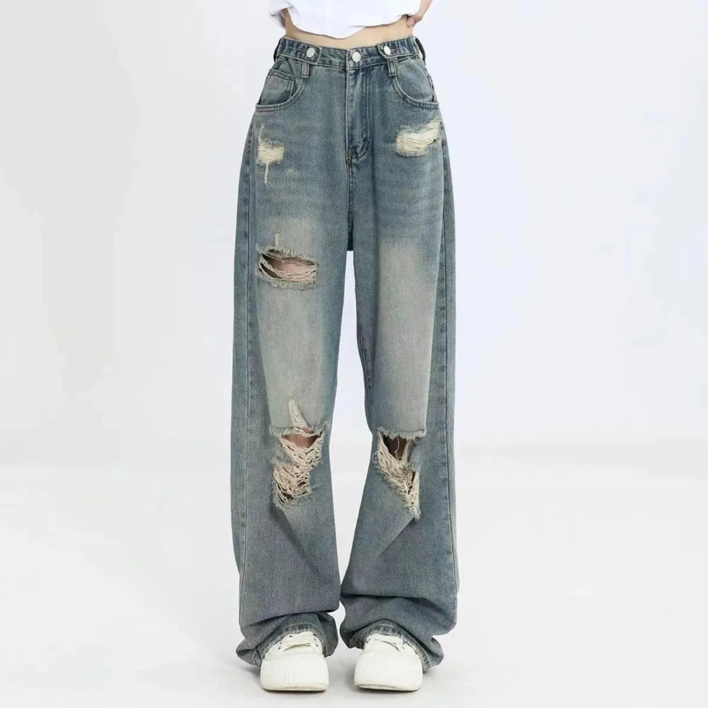 American Retro Hole-punched Jeans Women High Waist Straight-crotch