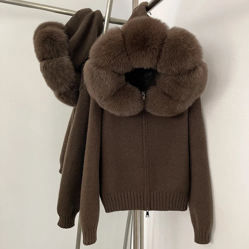 2024 Fashion Autumn Winter Casual Hooded Real Fox Fur Collar Fashion