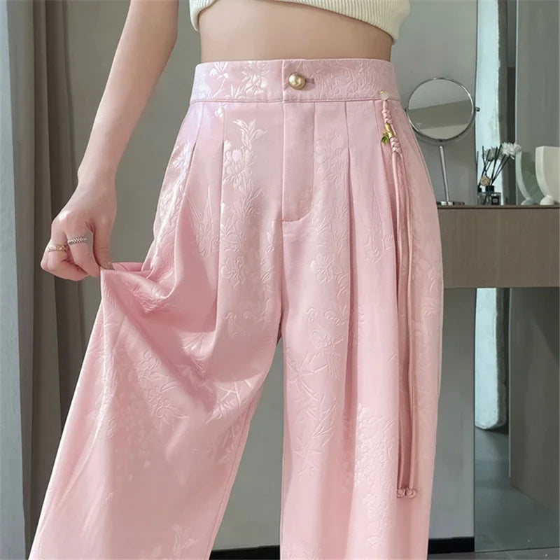 New Chinese Style Jacquard Wide Leg Satin Pants for Women Elegant