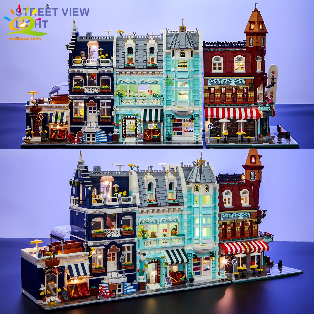 HUIQIBAO Toys MOC City Corner Coffee Shop Architecture Style Street