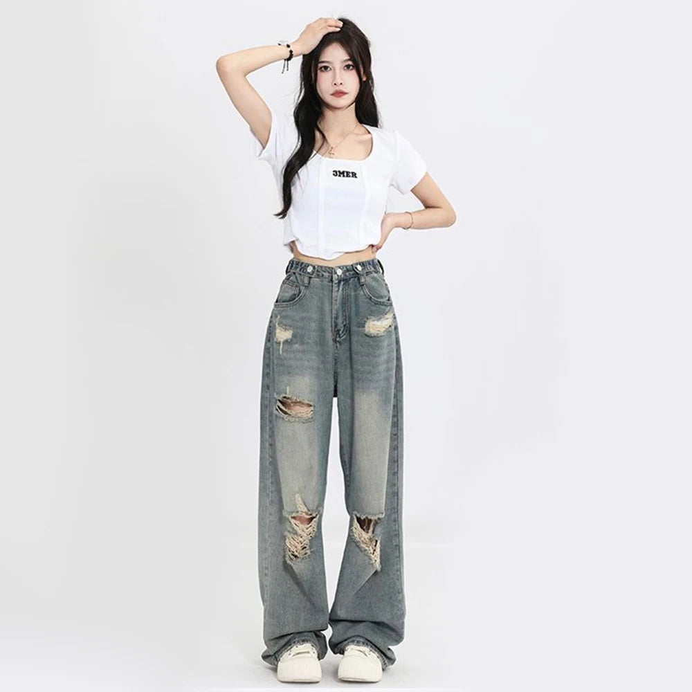 American Retro Hole-punched Jeans Women High Waist Straight-crotch