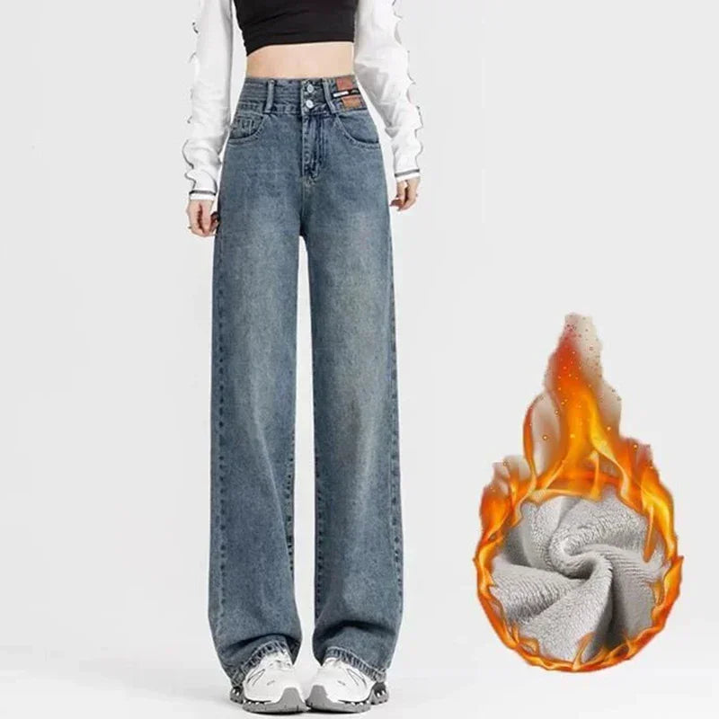 New Woman Korean Double Buckle Design Jeans Female Winter Snow Warm