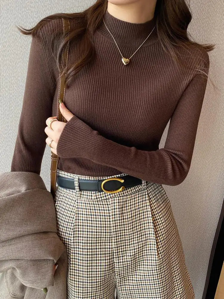 Autumn Winter Mock Neck Women Sweater Vintage Basic Solid Knitted