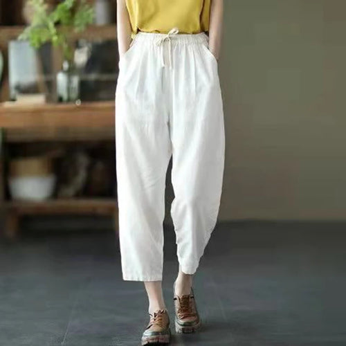 Solid Color Cotton and Linen Pants for Woman Vintage Loose Streetwear