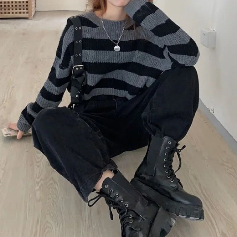 New Korean Style Striped Cropped Sweater Women Vintage Oversize Knit