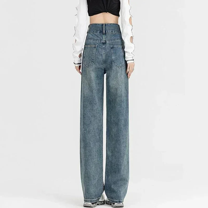 New Woman Korean Double Buckle Design Jeans Female Winter Snow Warm