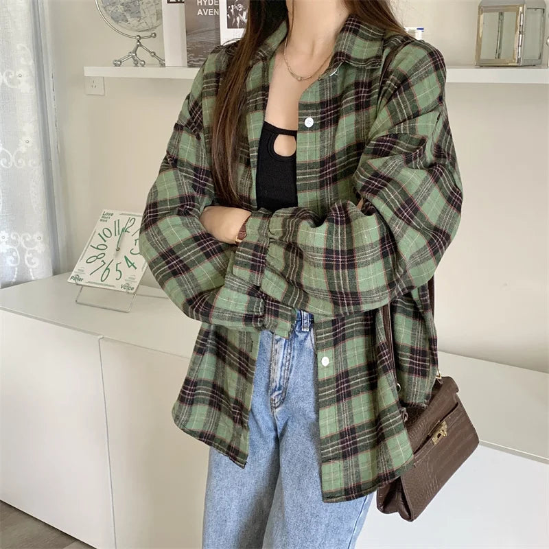 Women Tartan Shirt Long Sleeve Collared Button Up Oversized Plaid