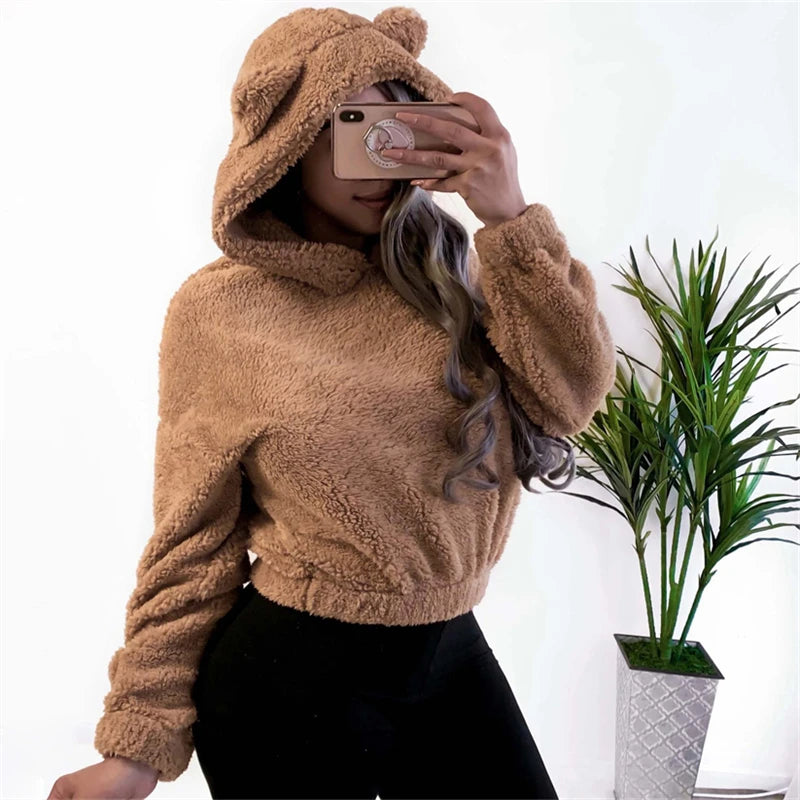 Winter Korean Fashion Bear Ears Cute Loose Hoodie Fluffy Hooded Warm