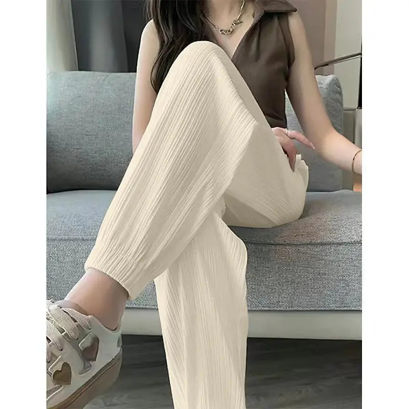 Thin Casual Wide Leg Harem Ankle-Length Pants Solid Elastic Waist