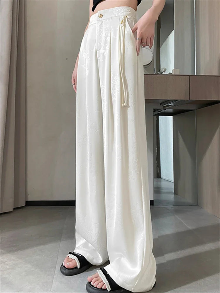 New Chinese Style Jacquard Wide Leg Satin Pants for Women Elegant