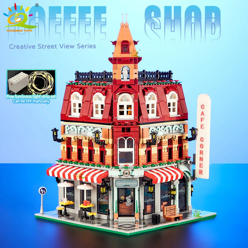 HUIQIBAO Toys MOC City Corner Coffee Shop Architecture Style Street
