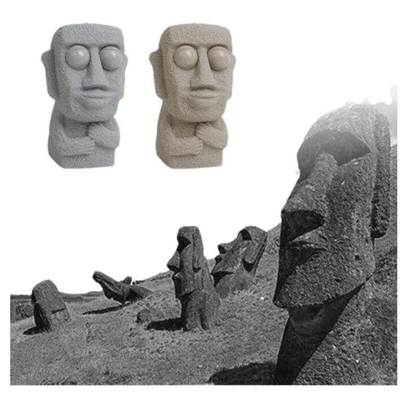 Stone man releases stress toy slowly rebounds soft Moai statue squeeze