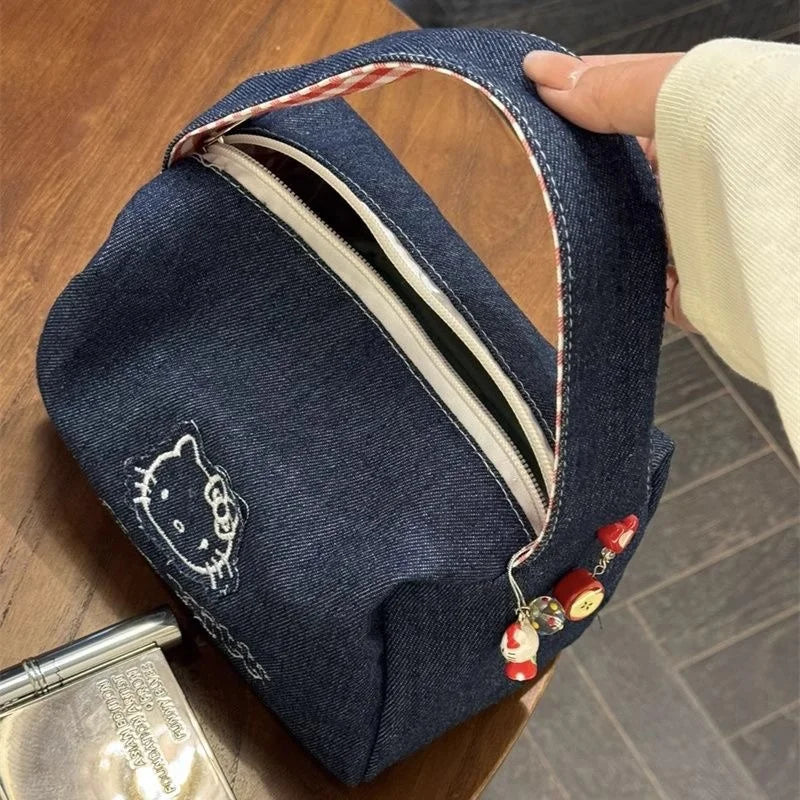 Hello Kitty Embroidery Cosmetic Bags Sanrio Anime Handbags Cartoon