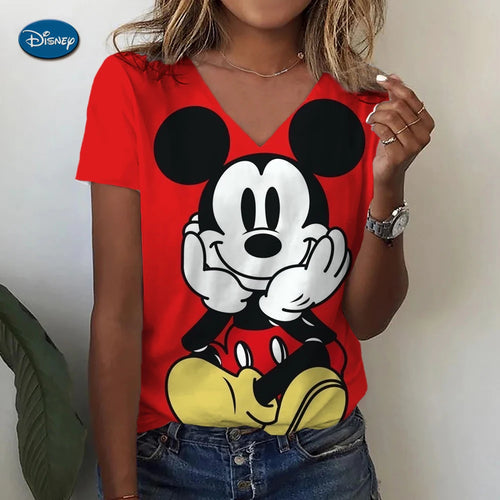 Women's T-shirts Disney Mickey Mouse 3D print New V-neck Short Sleeve