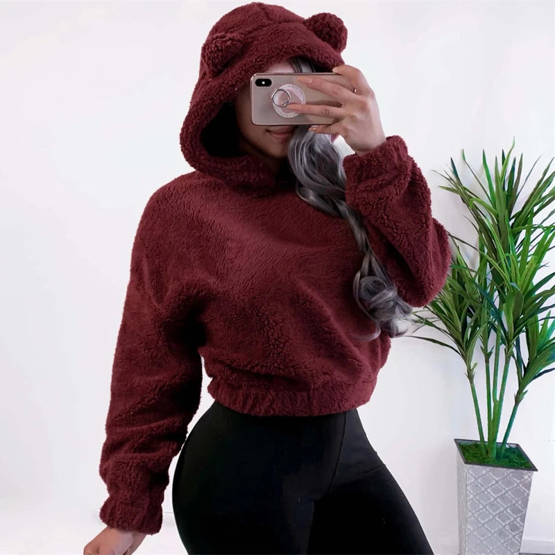 Winter Korean Fashion Bear Ears Cute Loose Hoodie Fluffy Hooded Warm
