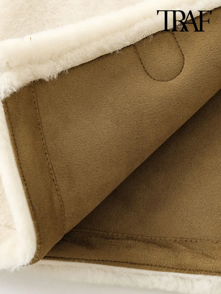 TRAF-Thick Warm Faux Fur Jacket for Women, Long Sleeve Coat, Front