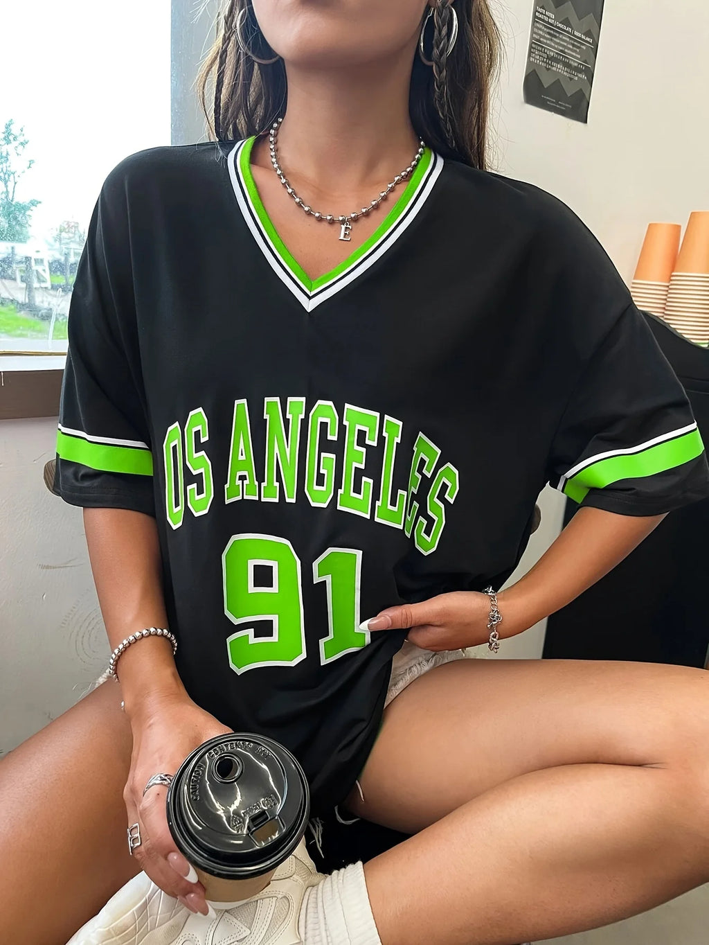 Women's Large Printed T-shirt Los Angeles 91 Letter Short Sleeve