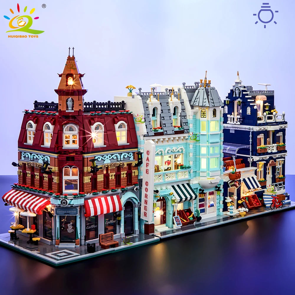 HUIQIBAO Toys MOC City Corner Coffee Shop Architecture Style Street