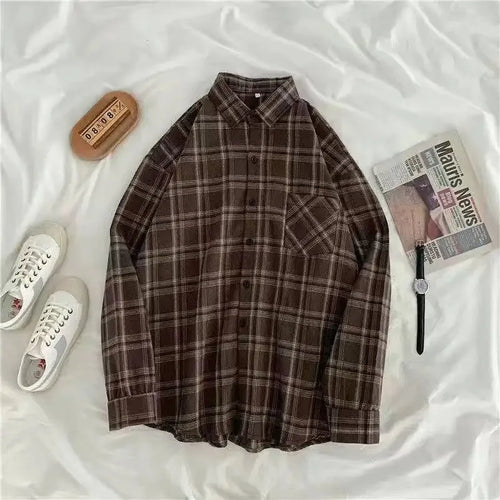 Vintage Plaid Shirts Women Autumn Long Sleeve Oversize Button Up Shirt