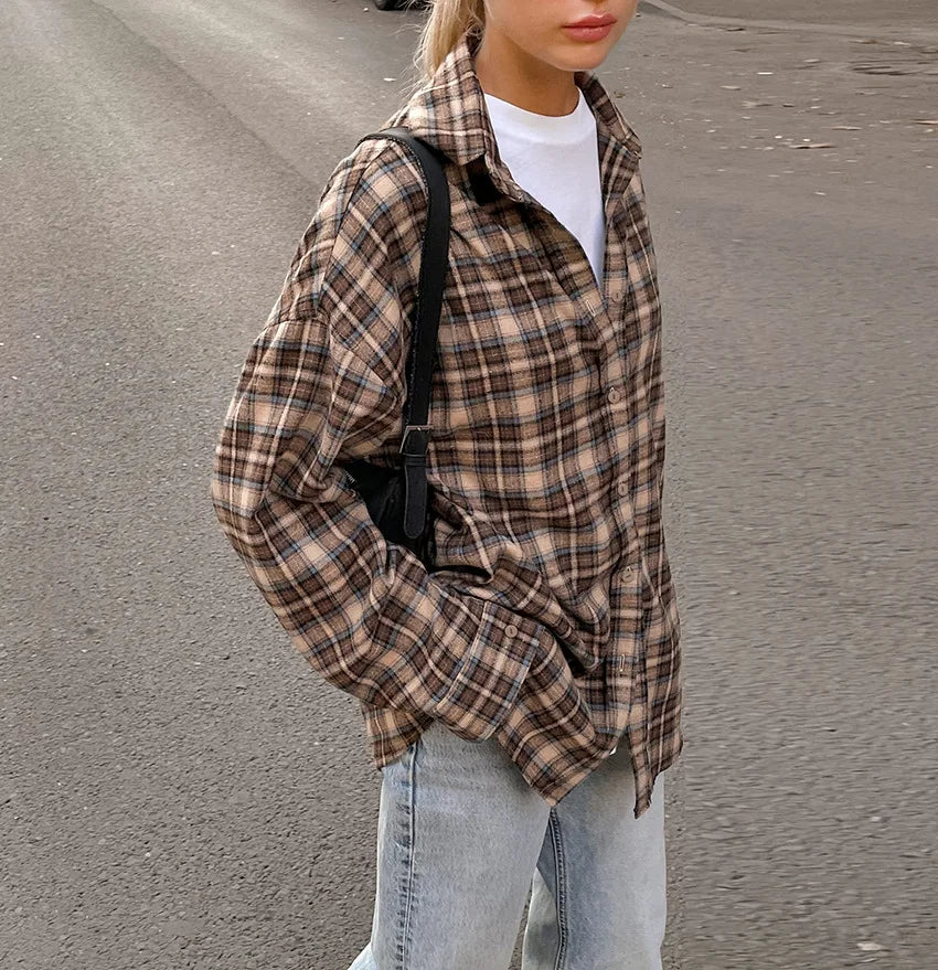 Spring Autumn Vintage Plaid Checkered Shirt Women's Long Sleeve Blouse