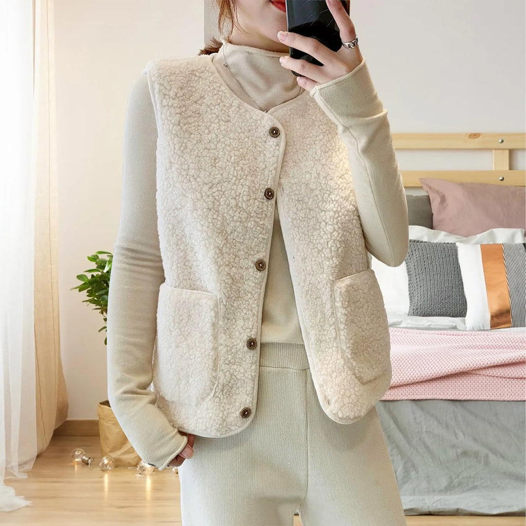 Women'S Teddy Fleece Vest Autumn Thin Vest Sleeveless Coat Plain Plush