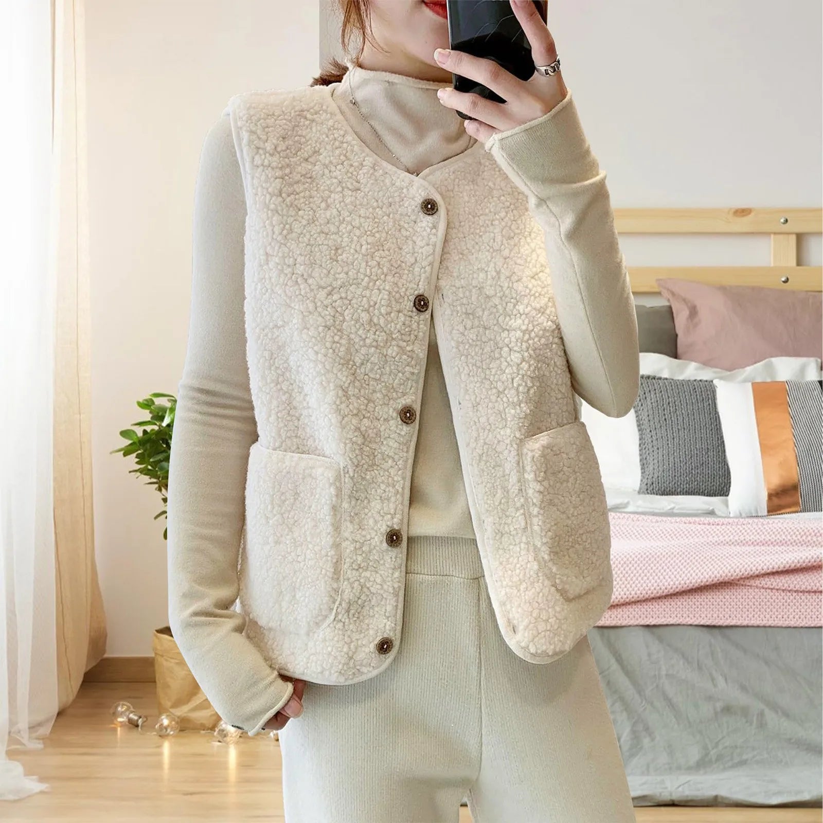 Women'S Teddy Fleece Vest Autumn Thin Vest Sleeveless Coat Plain Plush