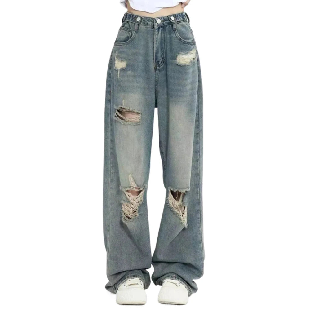 American Retro Hole-punched Jeans Women High Waist Straight-crotch