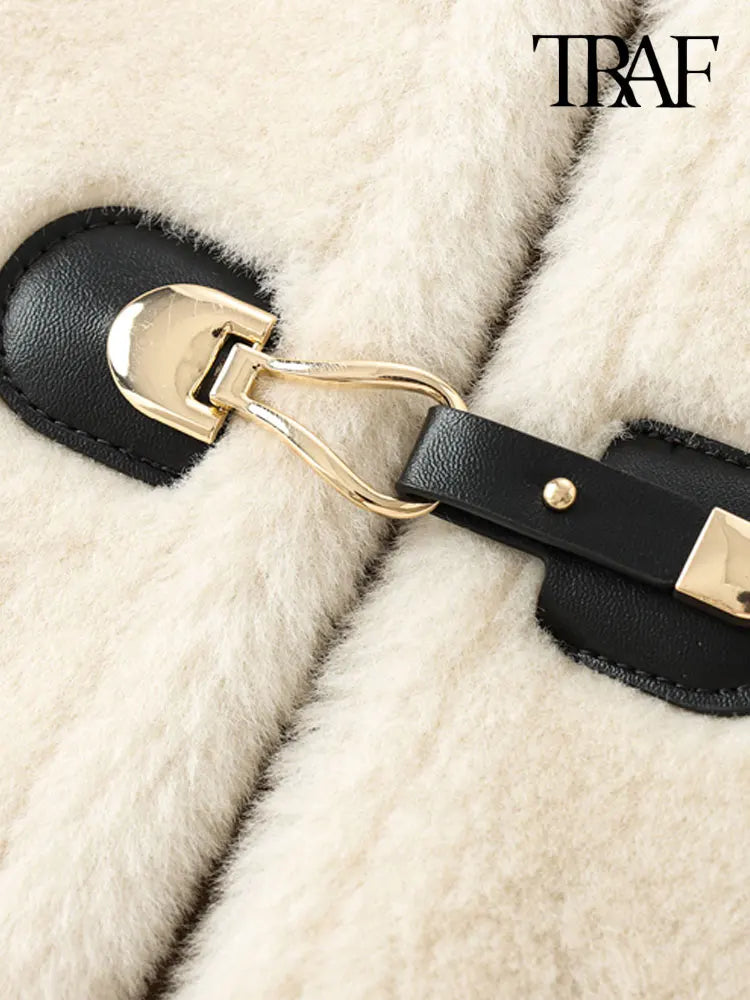 TRAF-Thick Warm Faux Fur Jacket for Women, Long Sleeve Coat, Front