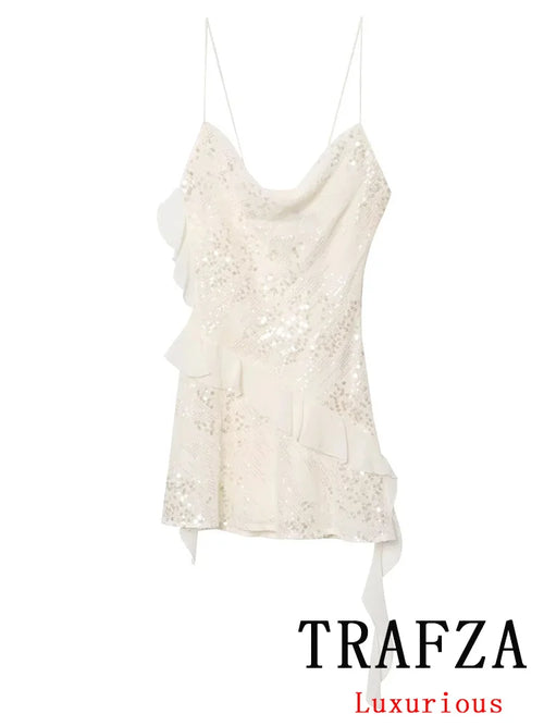 TRAFZA Sexy Chic Women Dress Solid Cami Backless Sequined Tierred Mini