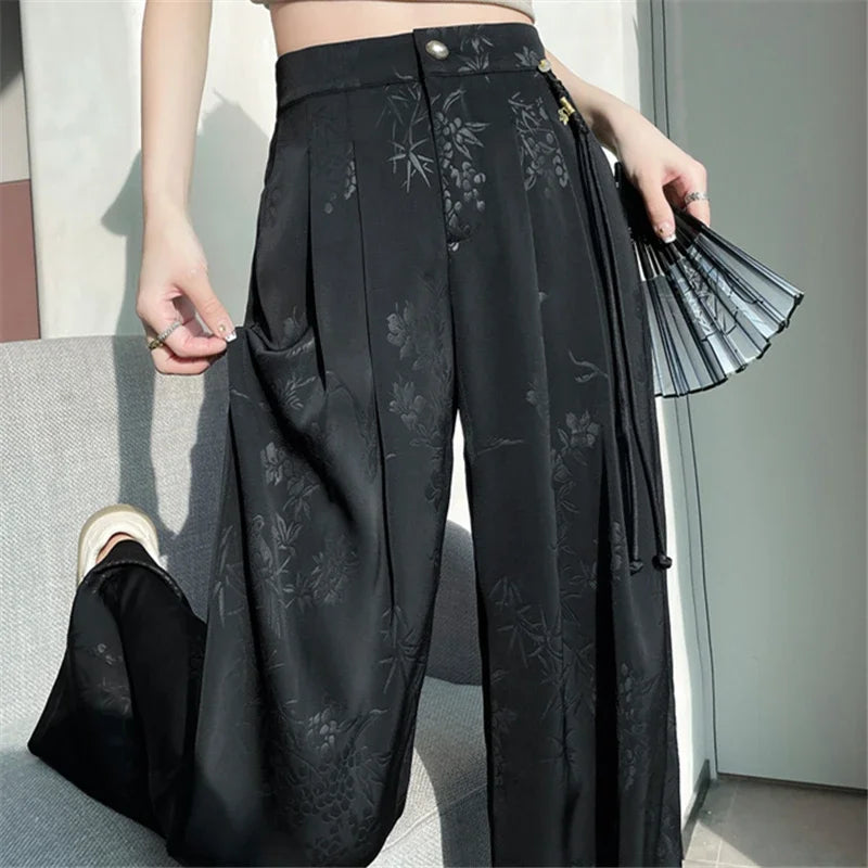 New Chinese Style Jacquard Wide Leg Satin Pants for Women Elegant