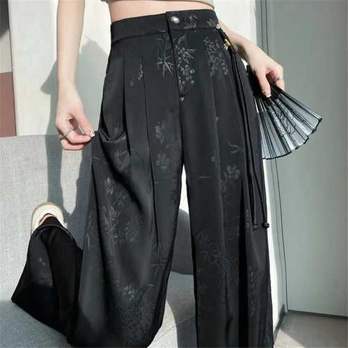 New Chinese Style Jacquard Wide Leg Satin Pants for Women Elegant
