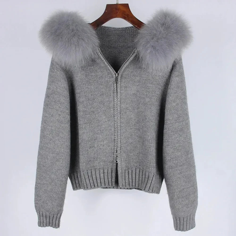 2024 Fashion Autumn Winter Casual Hooded Real Fox Fur Collar Fashion