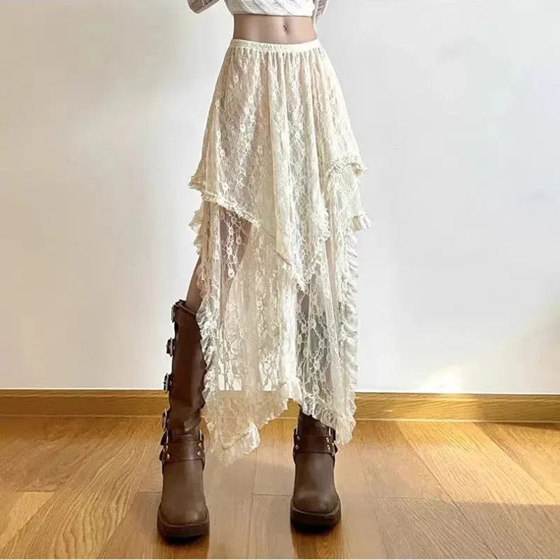 Lace Asymmetrical Skirt Women Vintage Y2K Boho Aesthetic Fashion High