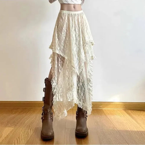 Lace Asymmetrical Skirt Women Vintage Y2K Boho Aesthetic Fashion High