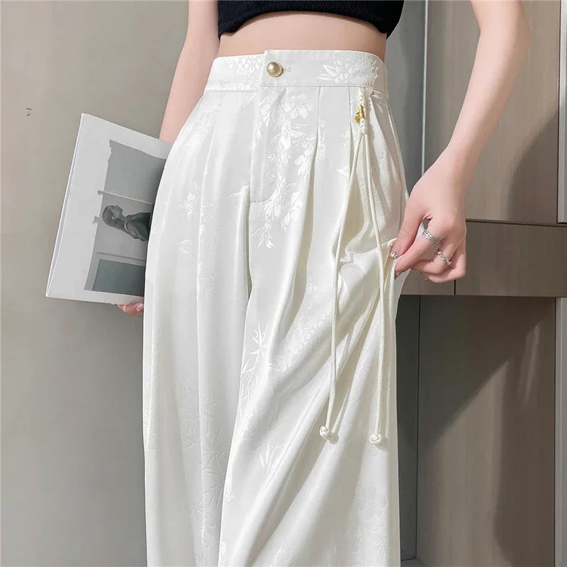 New Chinese Style Jacquard Wide Leg Satin Pants for Women Elegant