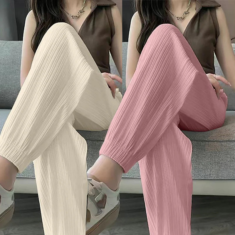 Thin Casual Wide Leg Harem Ankle-Length Pants Solid Elastic Waist