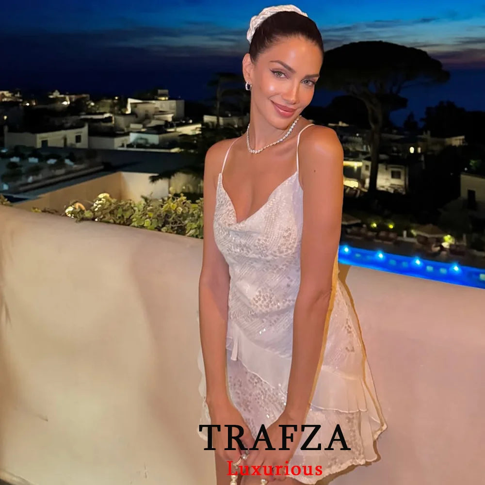 TRAFZA Sexy Chic Women Dress Solid Cami Backless Sequined Tierred Mini
