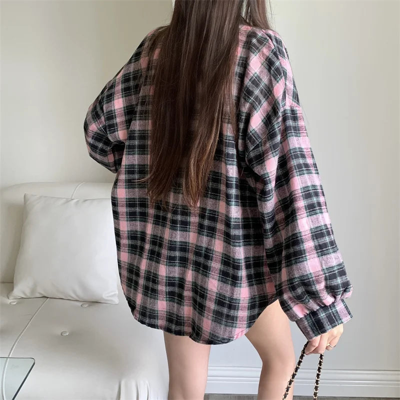 Women Tartan Shirt Long Sleeve Collared Button Up Oversized Plaid