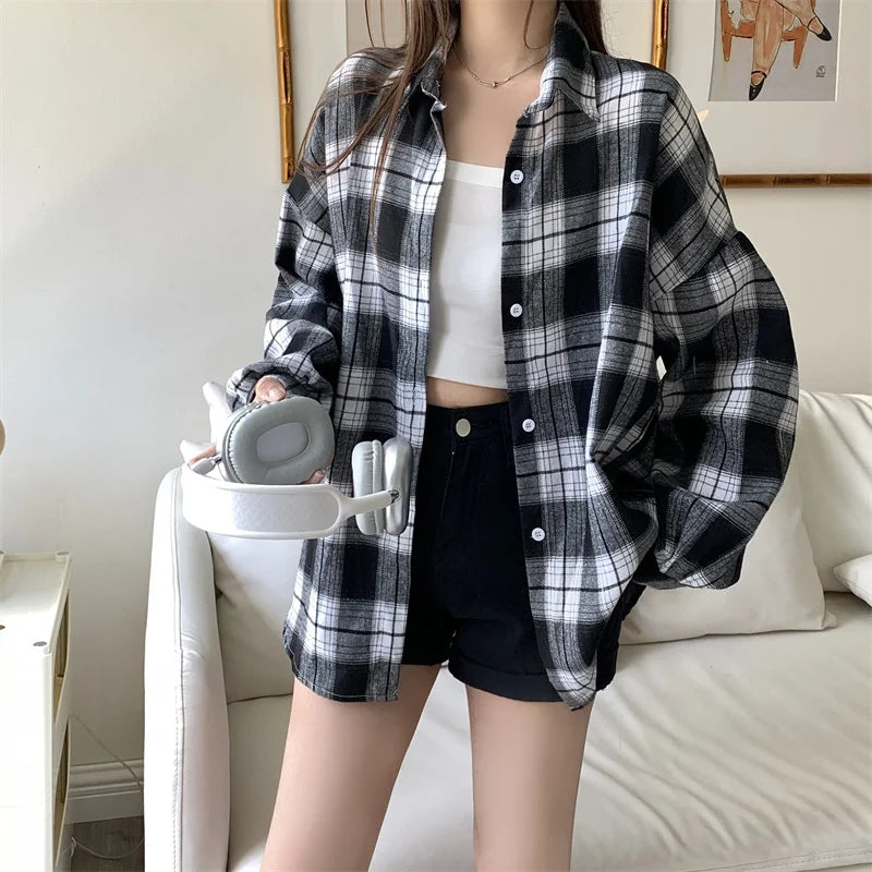Women Tartan Shirt Long Sleeve Collared Button Up Oversized Plaid