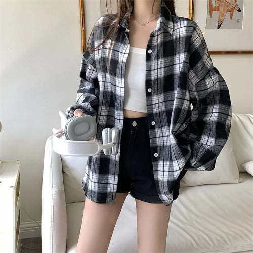 Women Tartan Shirt Long Sleeve Collared Button Up Oversized Plaid