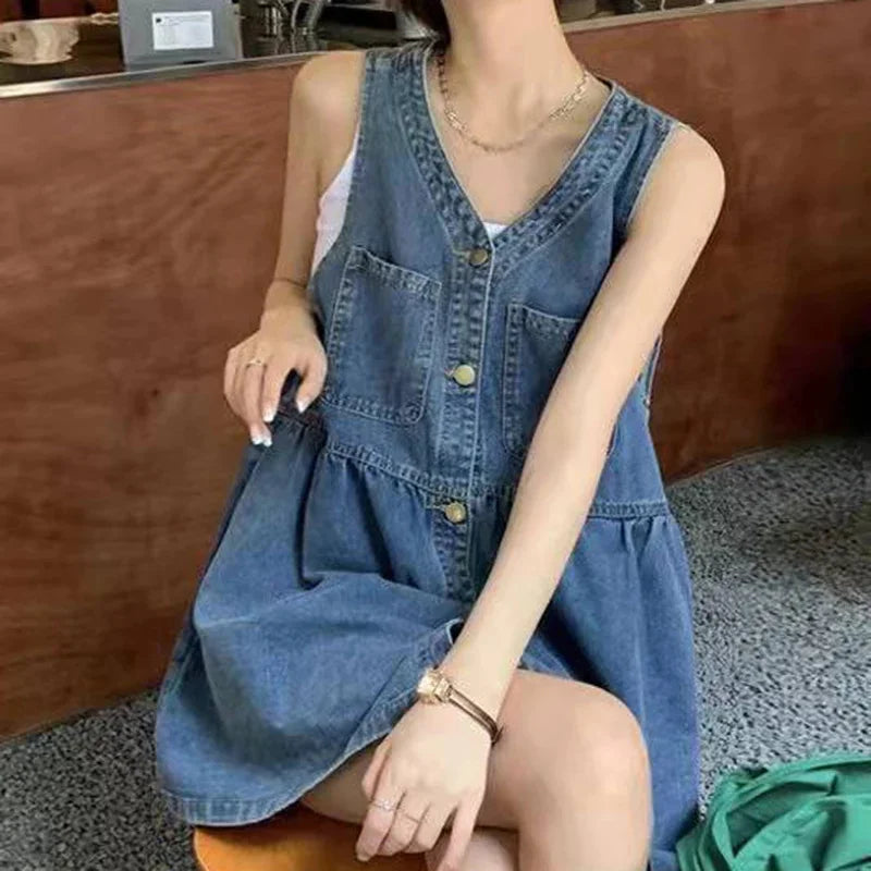 Sleeveless Strap Dress Women Summer Single-Breasted Pockets Denim